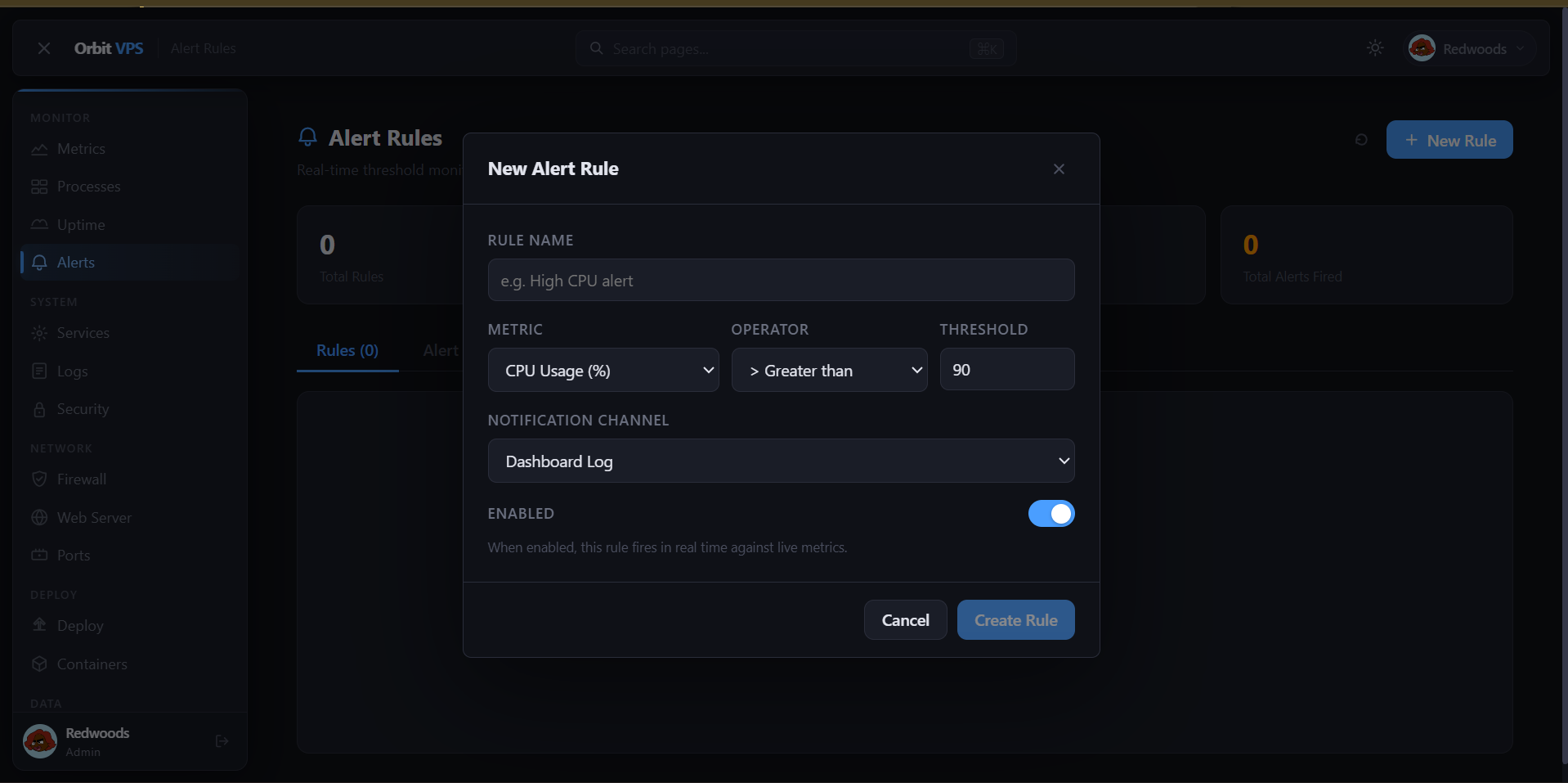 Orbit VPS — Create Alert Rule dialog