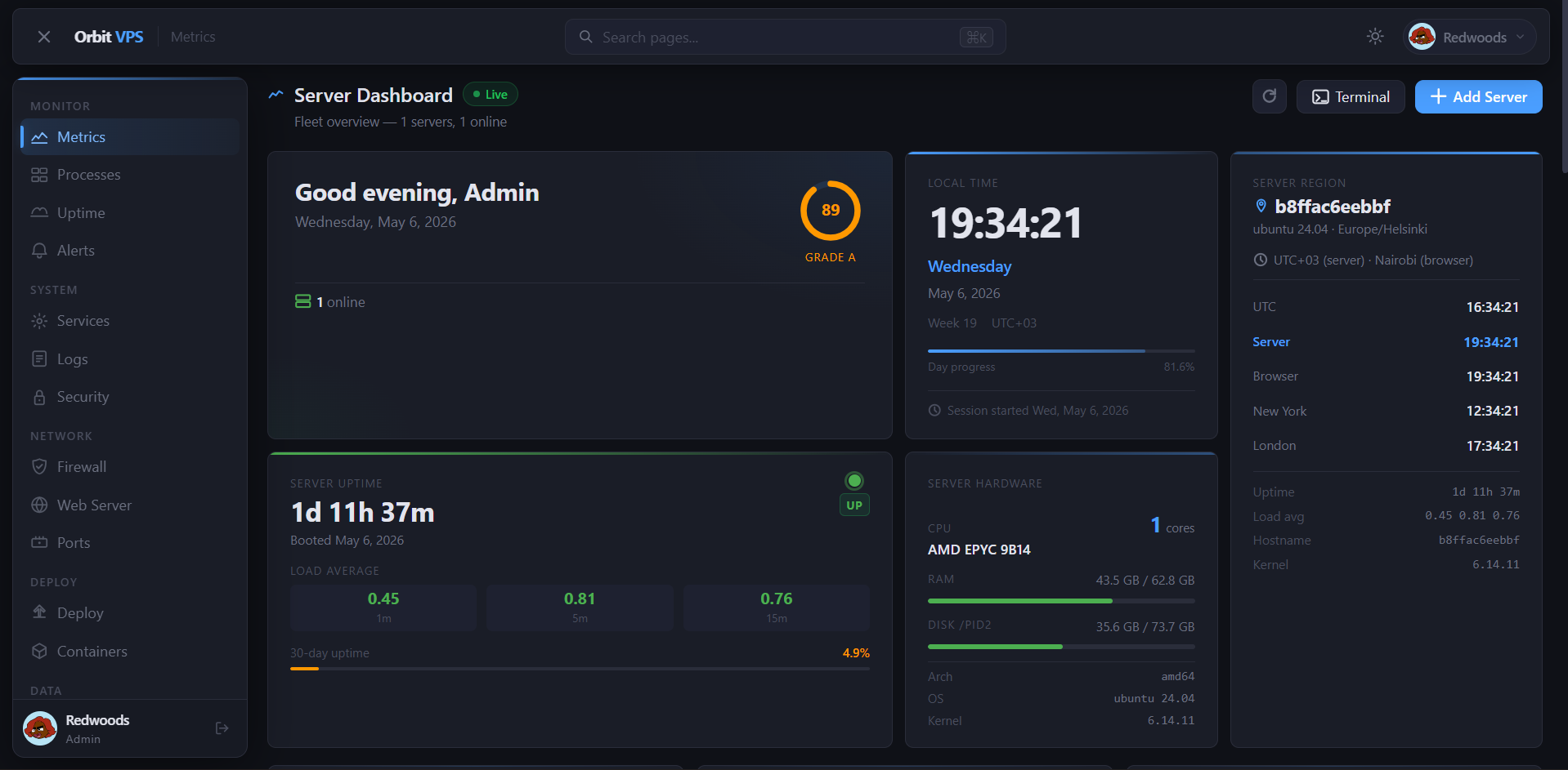 Orbit VPS Dashboard — server health overview