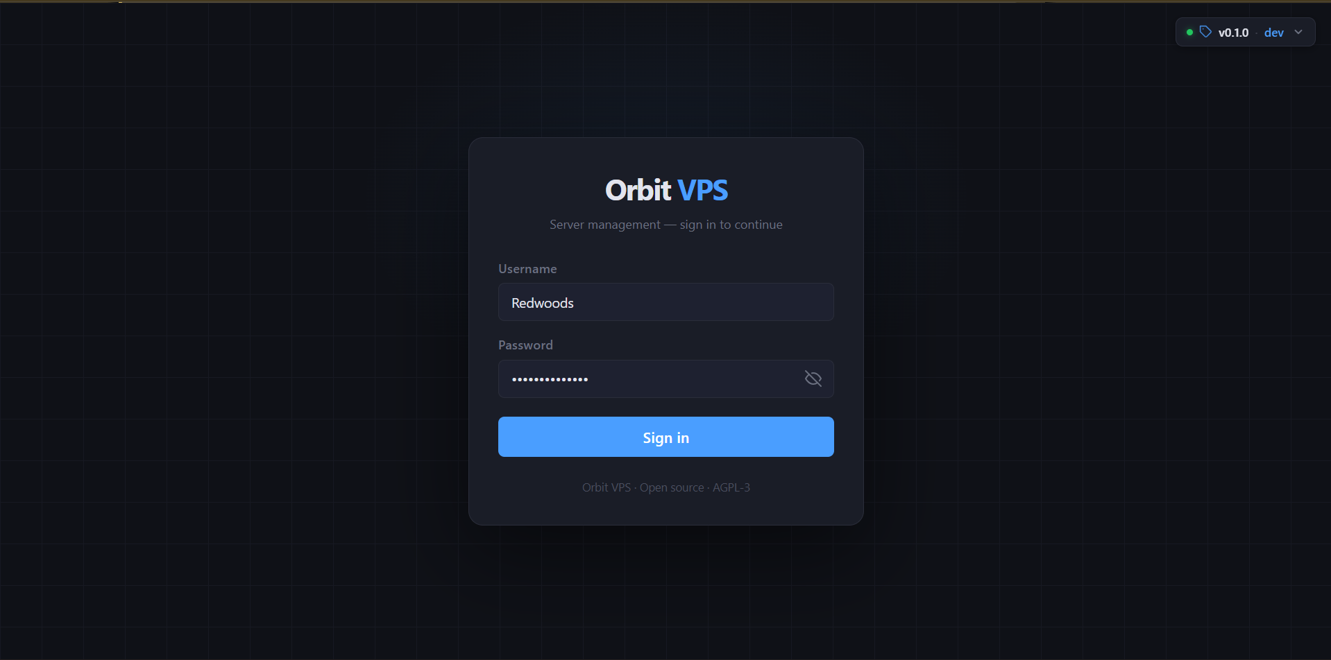 Orbit VPS — Login page